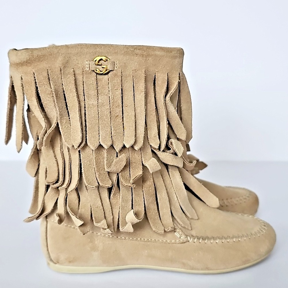 Gucci Girls Suede Leather Boots w/Fringe 285281 Sz 27/US 10.5 Oatmeal Tan 1838